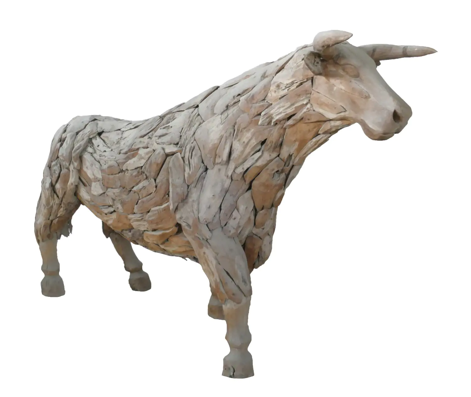  Product image 3 of the product “Standing Bull. Artistic made made from single teak wood pieces. The head is carved wood. The size is 247cm Length. ”